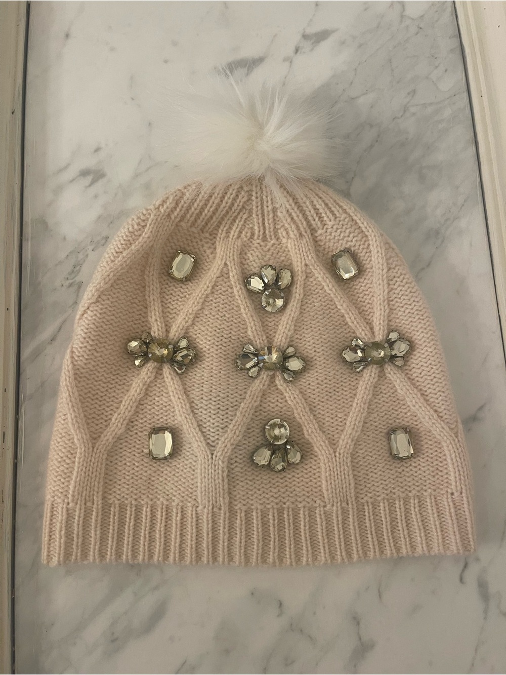 Kids Cashmere Luxury Bejeweled Pom Pom Knit Hat - Blush Pink